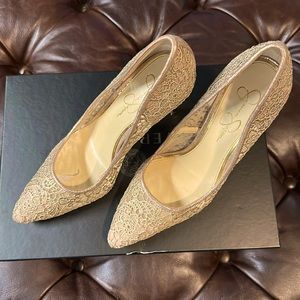 Rose Gold and beige lace and fabric Jessica Simpson heel, size 7 1/2